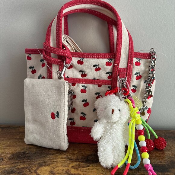 NWT Madden Girl Cherry Canvas Mini Tote Viral Crossbody Bear Multi Charm Cute - Picture 1 of 6